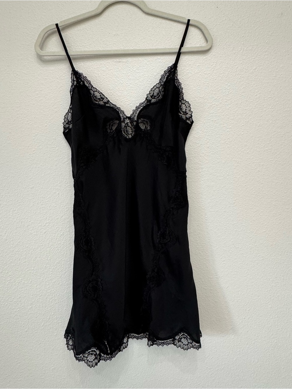 Victoria's Secret Black Satin Lace Panel Slip Dress Lingerie Sz "S" Coquette